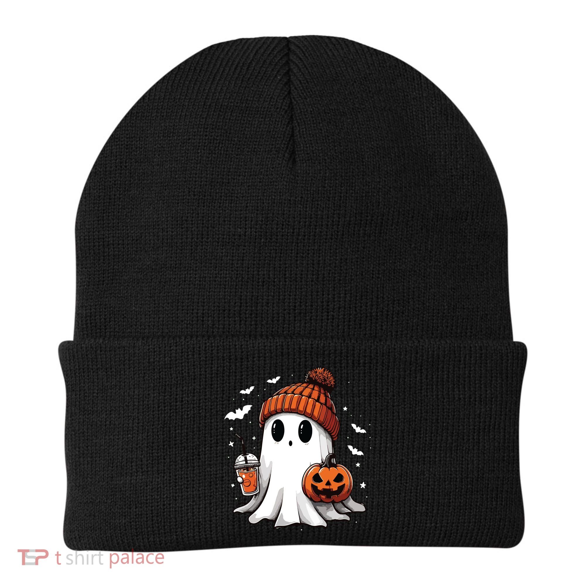 Cute Ghost Drinking Coffee Halloween Ghost Ice Coffee Women Long Sleeve Beanie