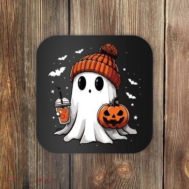Cute Ghost Drinking Coffee Halloween Ghost Ice Coffee Women Long Sleeve Coaster