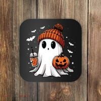 Cute Ghost Drinking Coffee Halloween Ghost Ice Coffee Women Long Sleeve Coaster thumb 0
