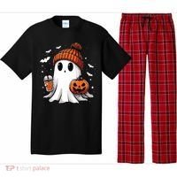 Cute Ghost Drinking Coffee Halloween Ghost Ice Coffee Women Long Sleeve Pajama Set thumb 0