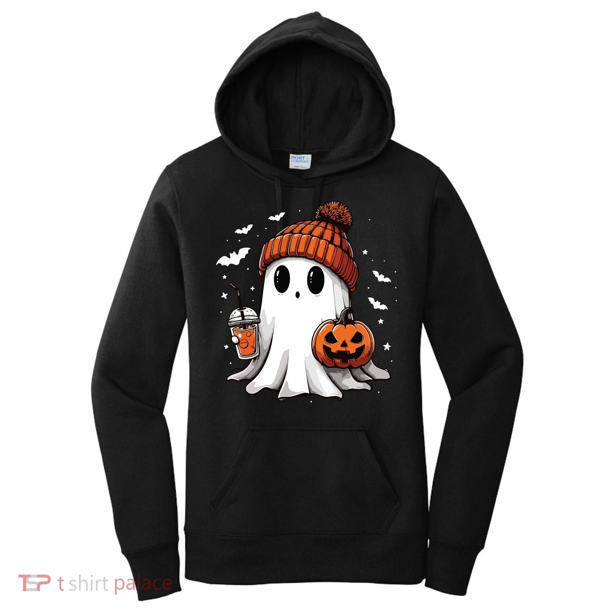 Cute Ghost Drinking Coffee Halloween Ghost Ice Coffee Women Long Sleeve Women's Hoodie