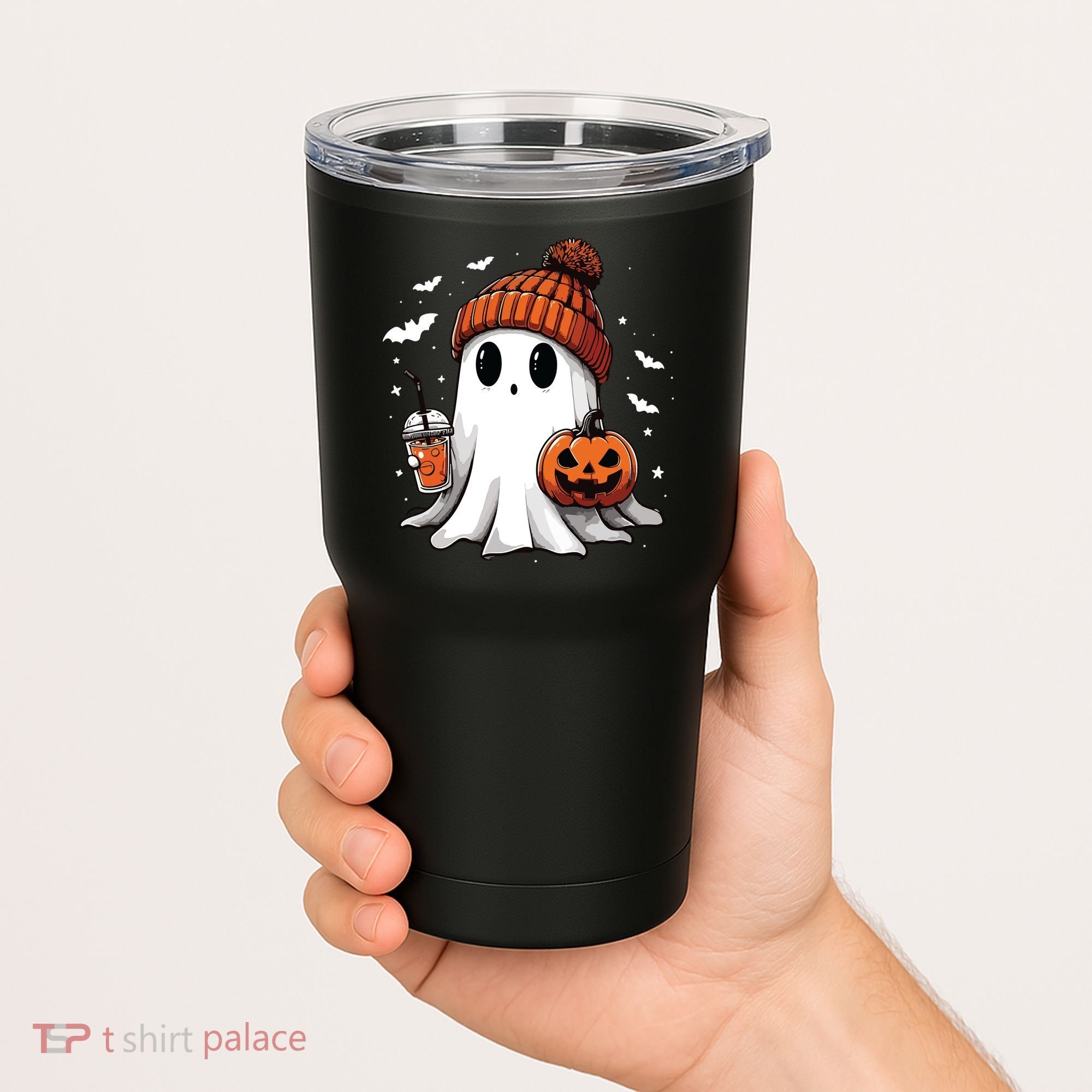 Cute Ghost Drinking Coffee Halloween Ghost Ice Coffee Women Long Sleeve Tumbler