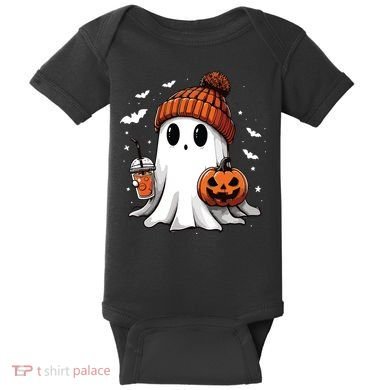 Cute Ghost Drinking Coffee Halloween Ghost Ice Coffee Women Long Sleeve Baby Bodysuit