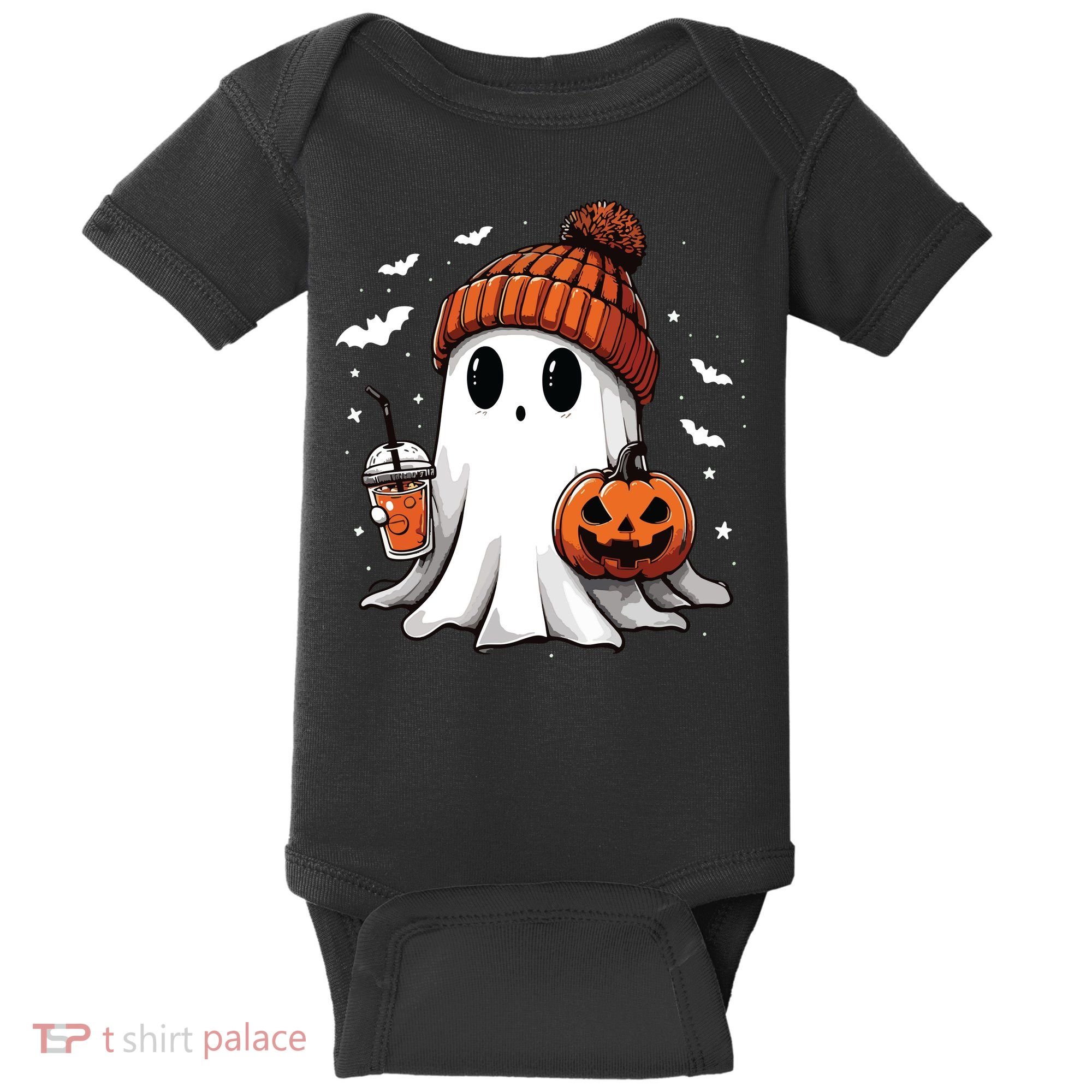 Cute Ghost Drinking Coffee Halloween Ghost Ice Coffee Women Long Sleeve Baby Bodysuit