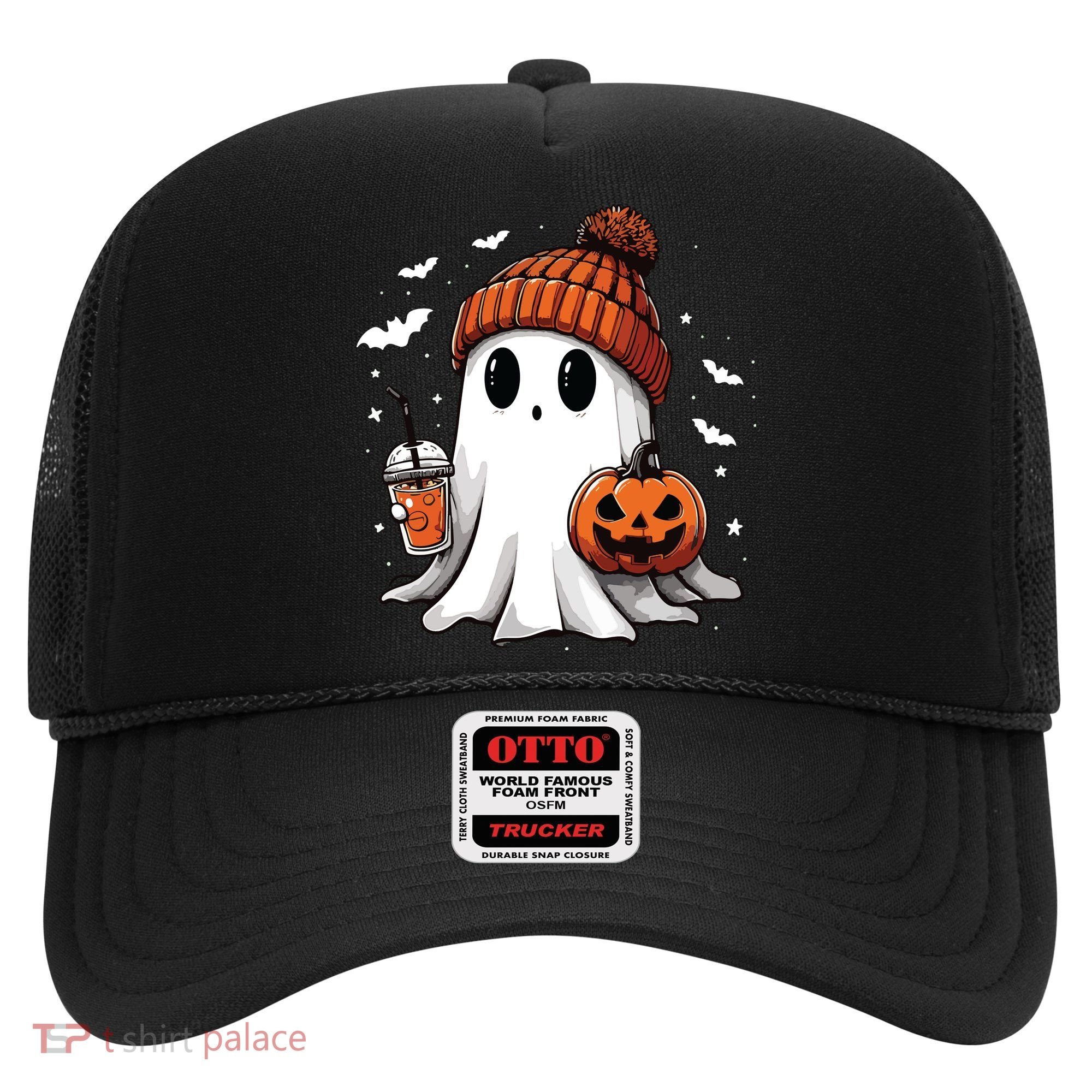 Cute Ghost Drinking Coffee Halloween Ghost Ice Coffee Women Long Sleeve Hat