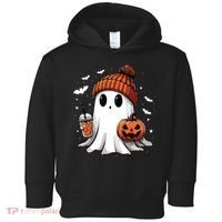 Cute Ghost Drinking Coffee Halloween Ghost Ice Coffee Women Long Sleeve Toddler Hoodie thumb 0