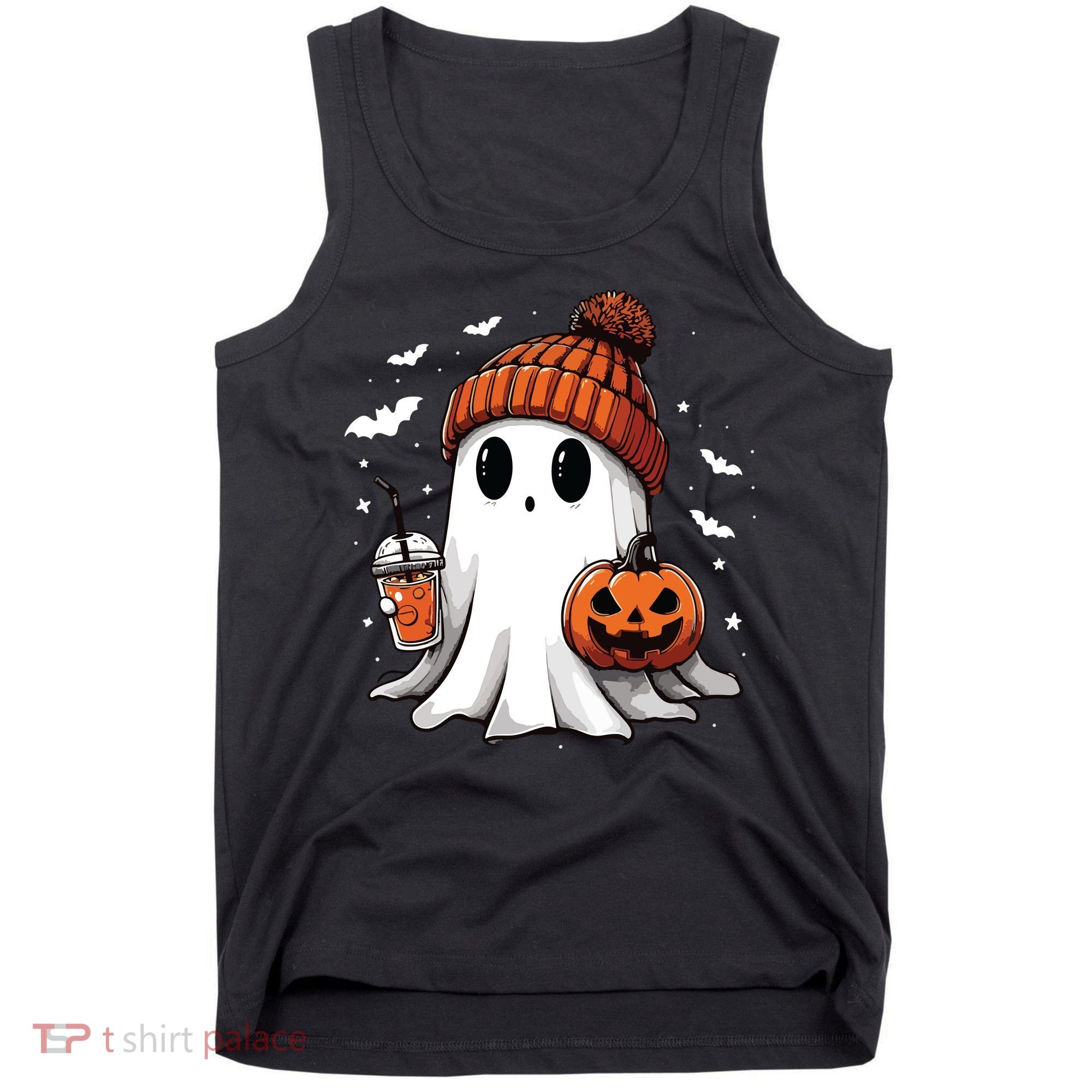 Cute Ghost Drinking Coffee Halloween Ghost Ice Coffee Women Long Sleeve Tank Top