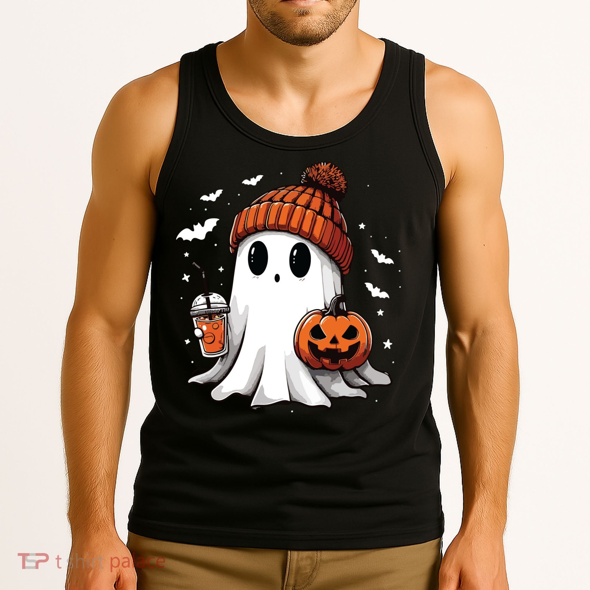 Cute Ghost Drinking Coffee Halloween Ghost Ice Coffee Women Long Sleeve Tank Top