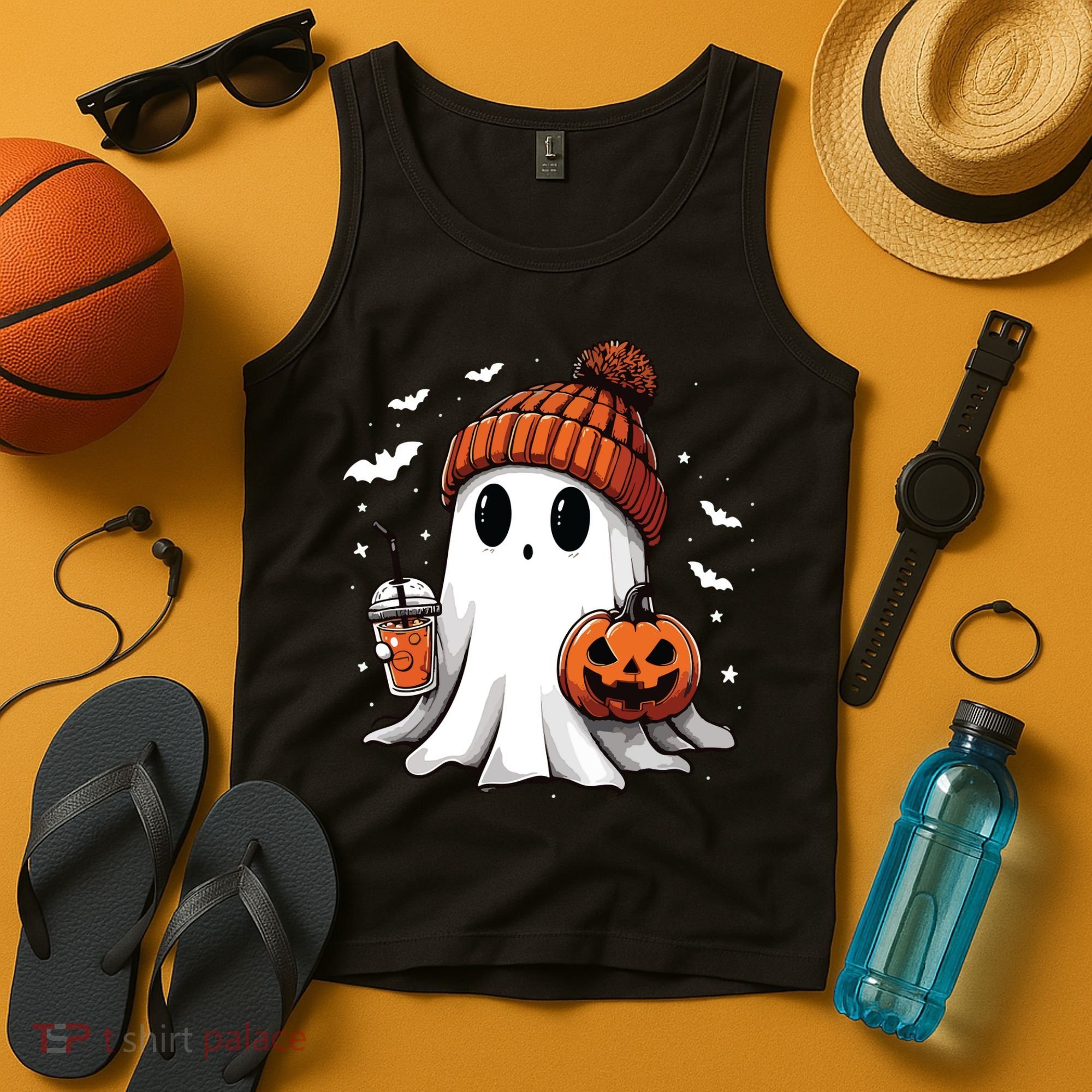Cute Ghost Drinking Coffee Halloween Ghost Ice Coffee Women Long Sleeve Tank Top