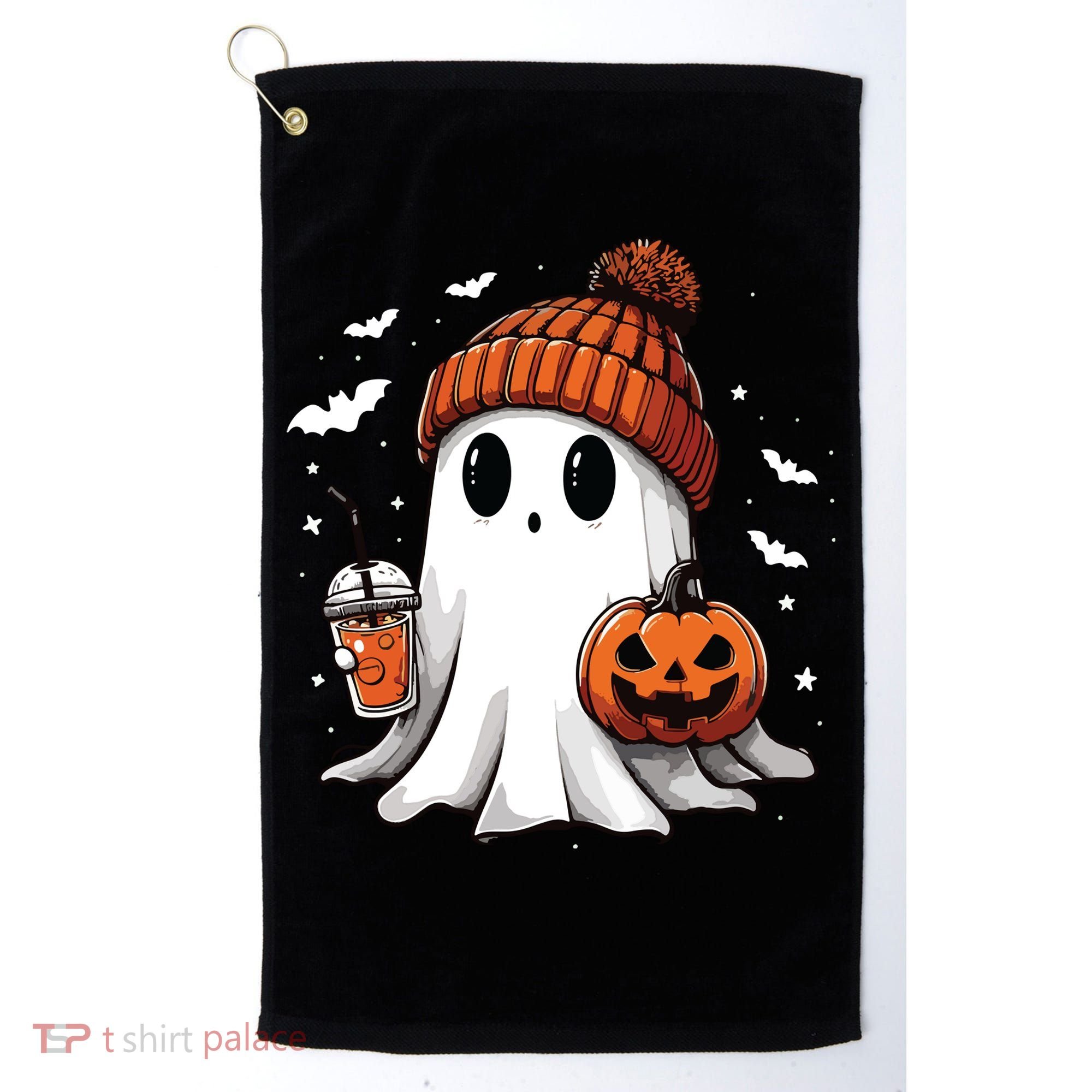 Cute Ghost Drinking Coffee Halloween Ghost Ice Coffee Women Long Sleeve Golf Towel
