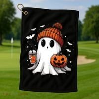 Cute Ghost Drinking Coffee Halloween Ghost Ice Coffee Women Long Sleeve Golf Towel thumb 1