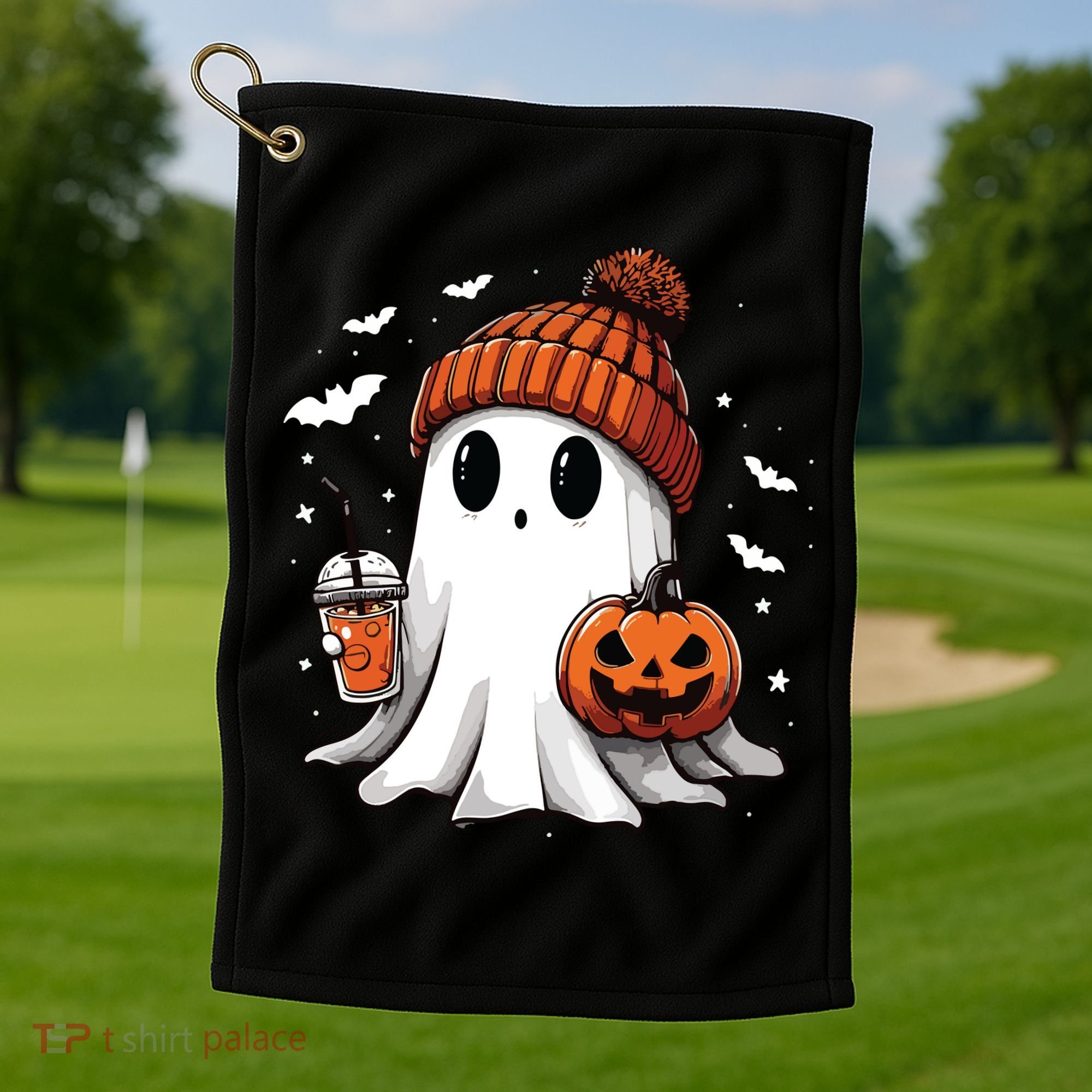 Cute Ghost Drinking Coffee Halloween Ghost Ice Coffee Women Long Sleeve Golf Towel