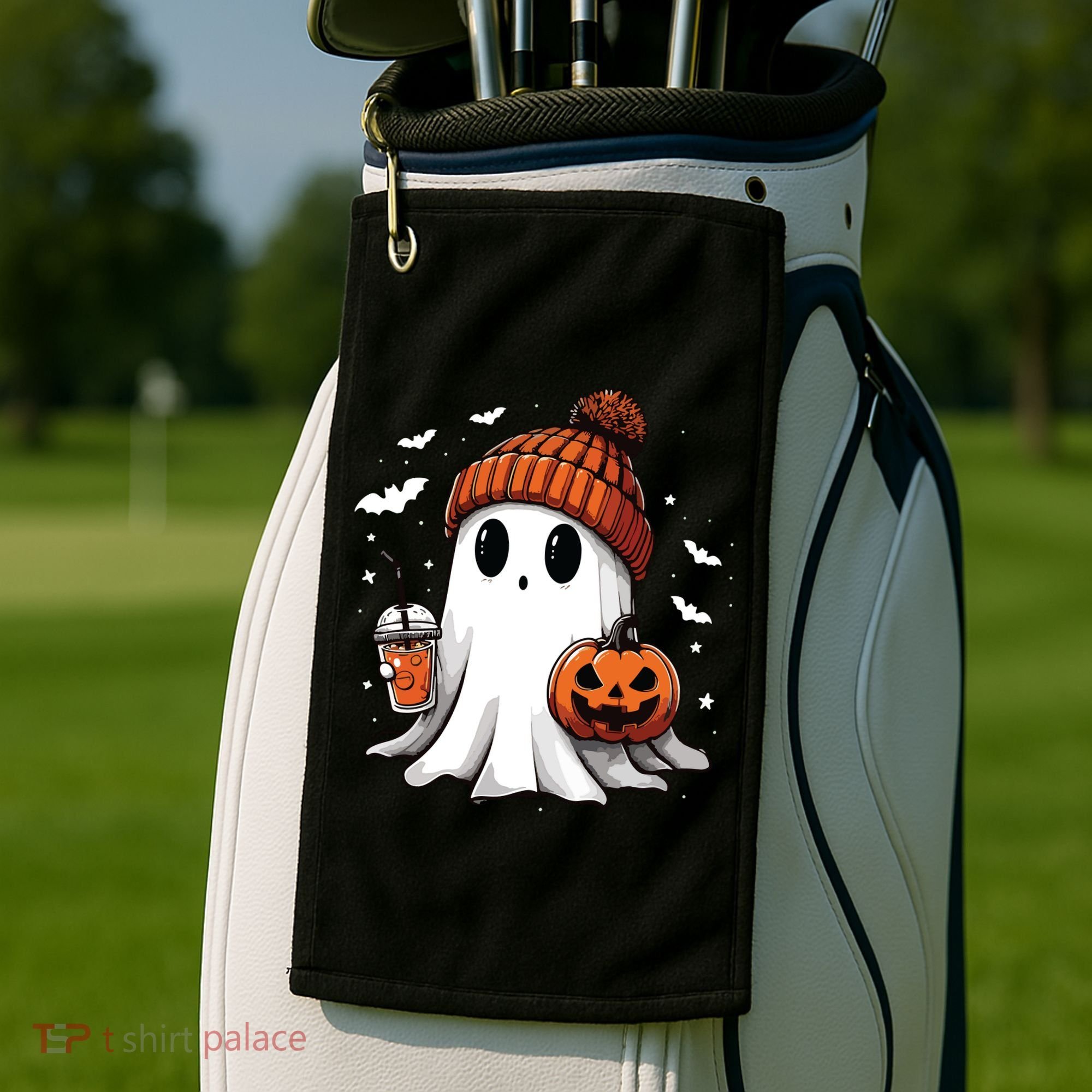 Cute Ghost Drinking Coffee Halloween Ghost Ice Coffee Women Long Sleeve Golf Towel