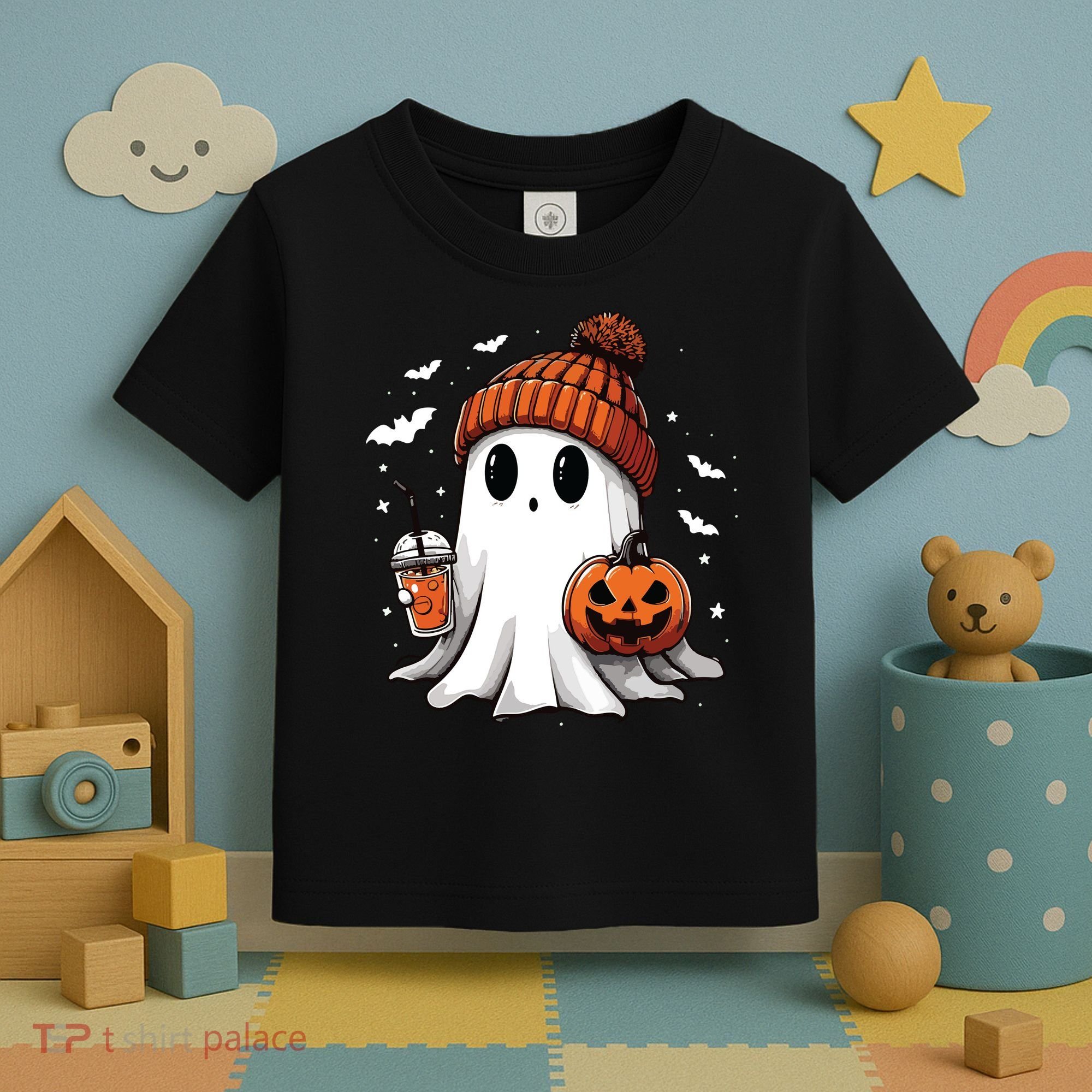 Cute Ghost Drinking Coffee Halloween Ghost Ice Coffee Women Long Sleeve Toddler T-Shirt