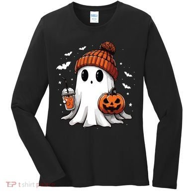 Cute Ghost Drinking Coffee Halloween Ghost Ice Coffee Women Long Sleeve Women's Long Sleeve Shirt