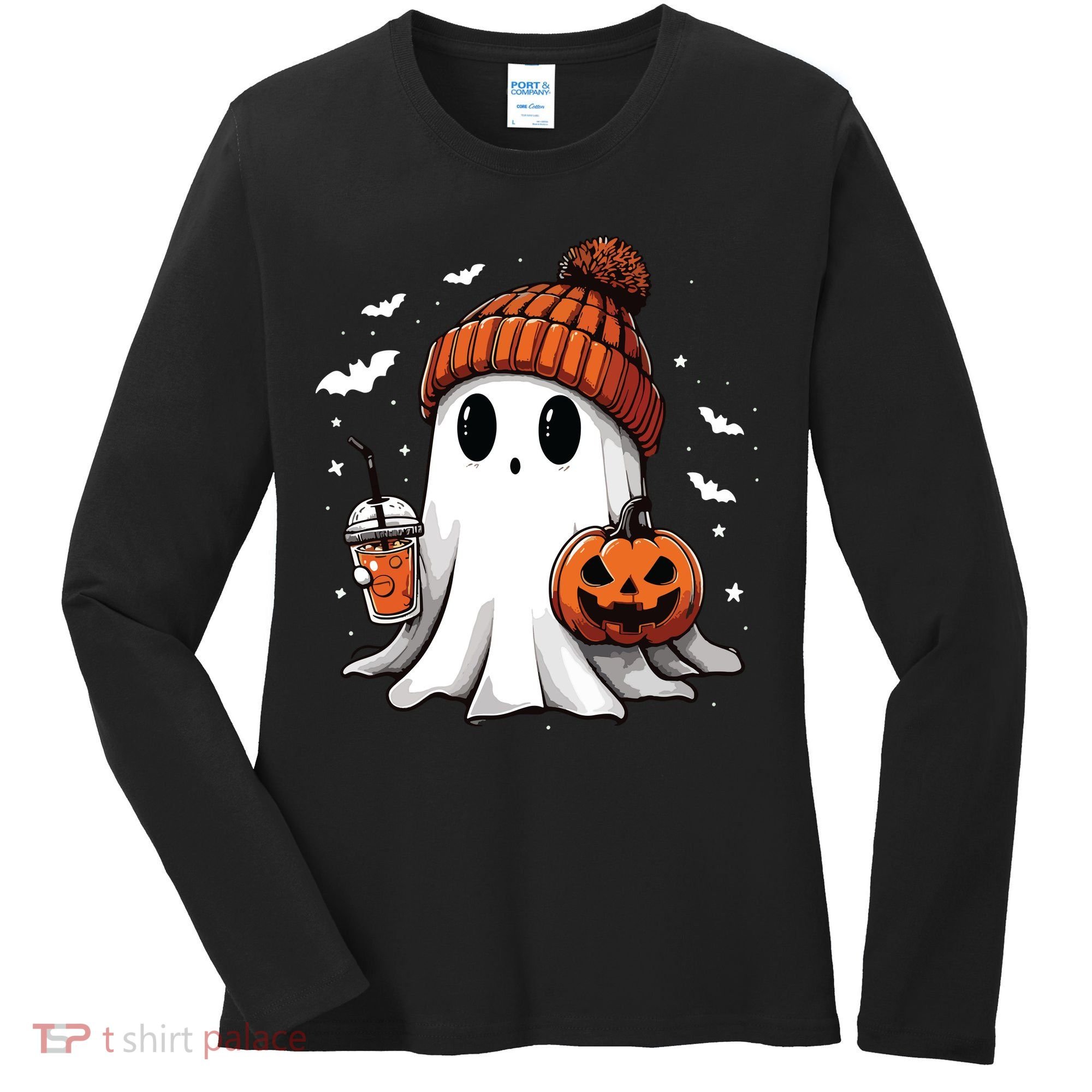 Cute Ghost Drinking Coffee Halloween Ghost Ice Coffee Women Long Sleeve Women's Long Sleeve Shirt