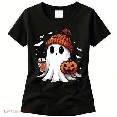 Cute Ghost Drinking Coffee Halloween Ghost Ice Coffee Women Long Sleeve Women's T-Shirt