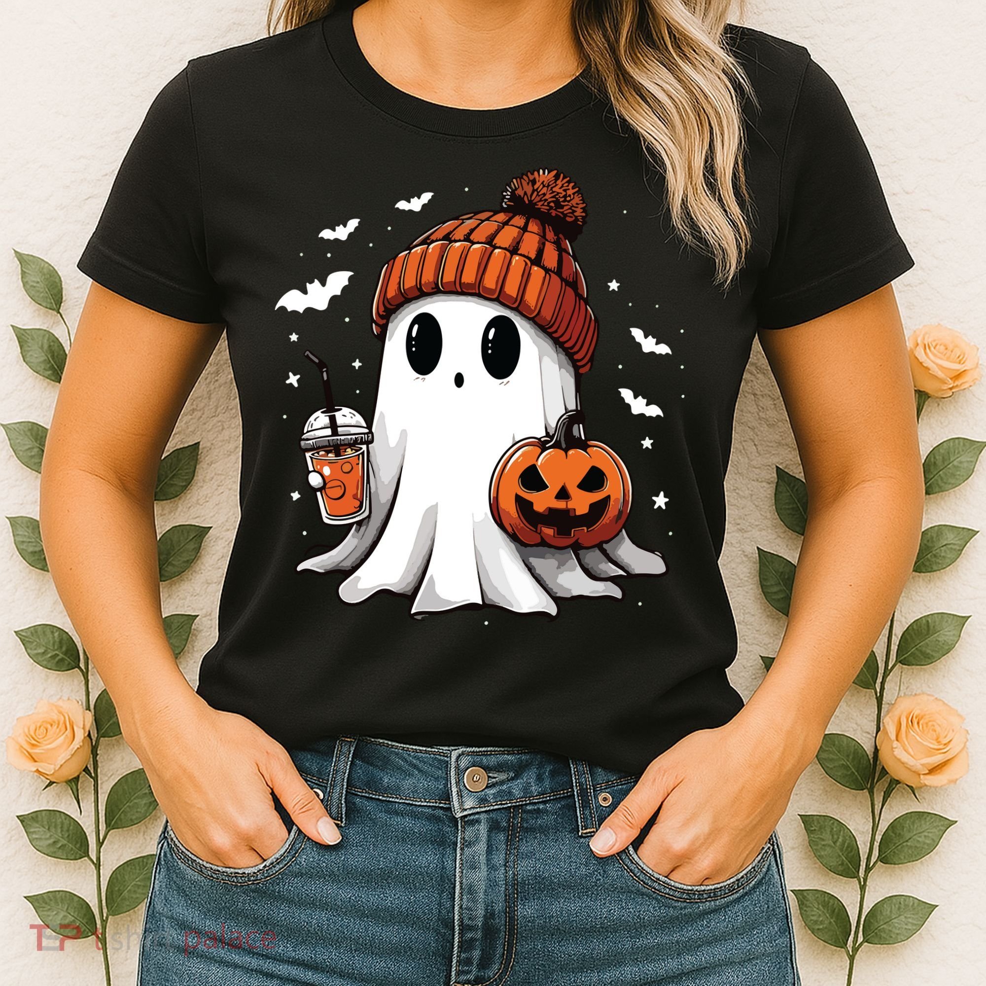 Cute Ghost Drinking Coffee Halloween Ghost Ice Coffee Women Long Sleeve Women's T-Shirt