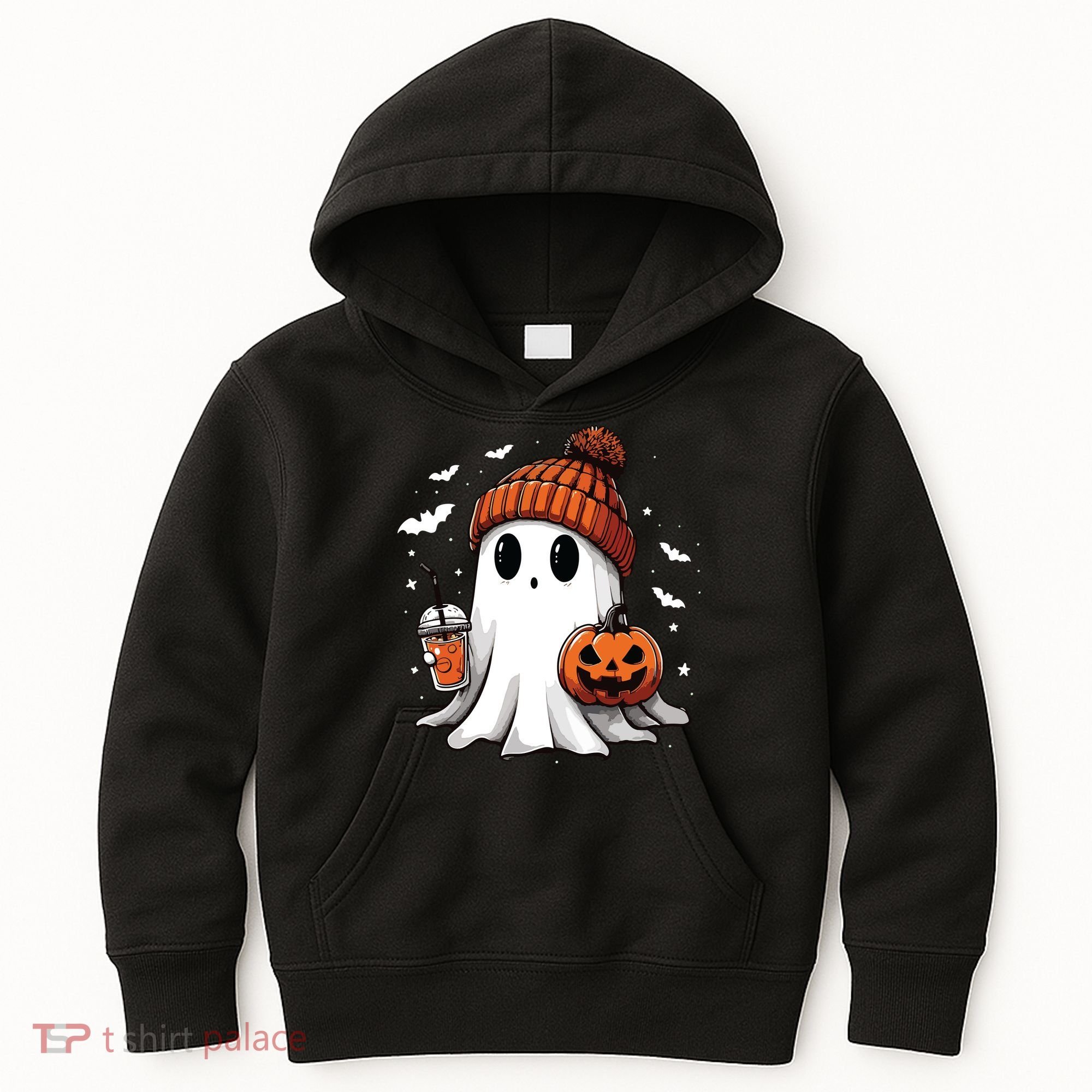 Cute Ghost Drinking Coffee Halloween Ghost Ice Coffee Women Long Sleeve Kids Hoodie