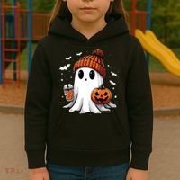 Cute Ghost Drinking Coffee Halloween Ghost Ice Coffee Women Long Sleeve Kids Hoodie thumb 3