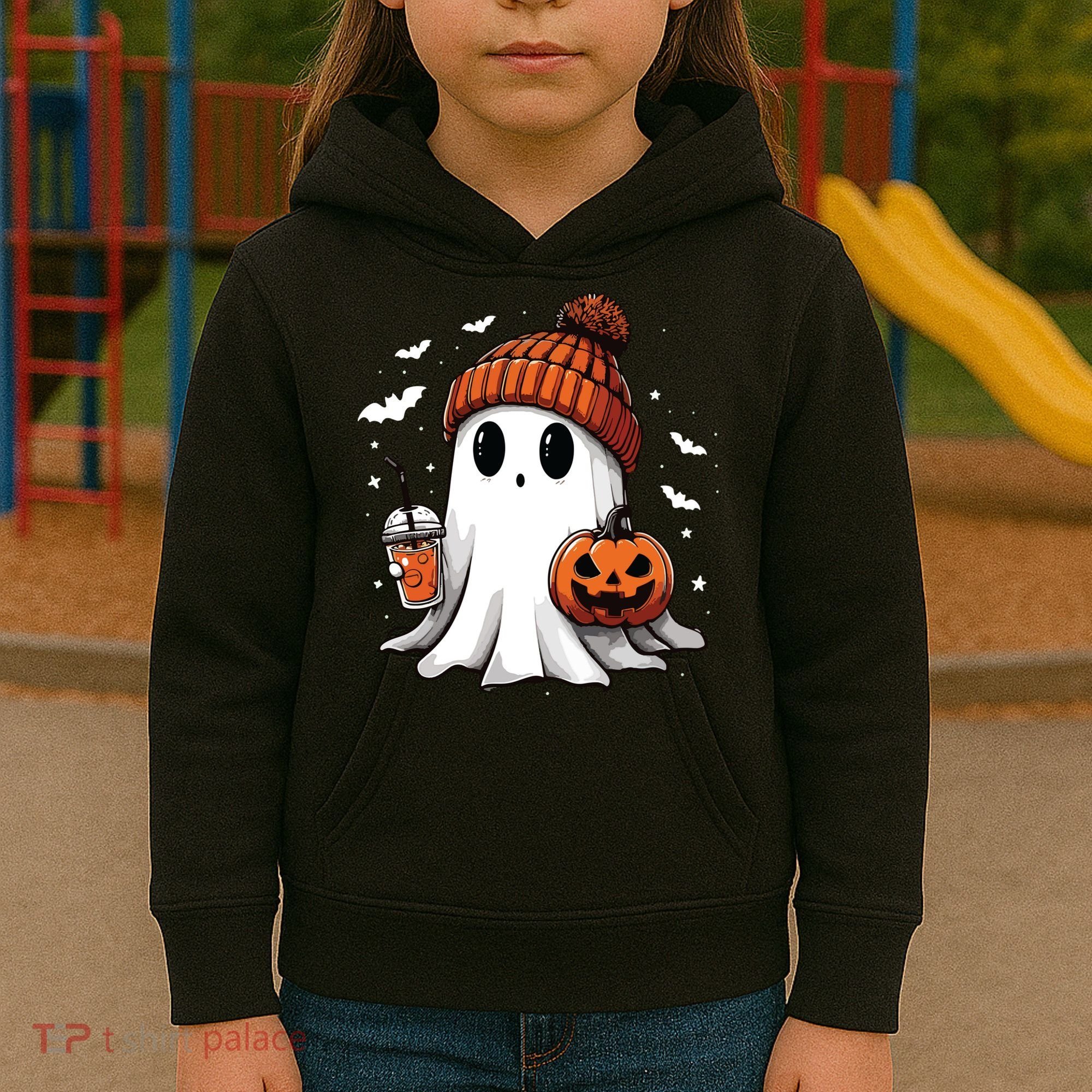 Cute Ghost Drinking Coffee Halloween Ghost Ice Coffee Women Long Sleeve Kids Hoodie