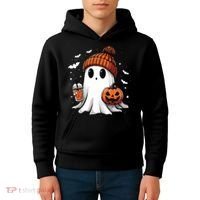 Cute Ghost Drinking Coffee Halloween Ghost Ice Coffee Women Long Sleeve Kids Hoodie thumb 4