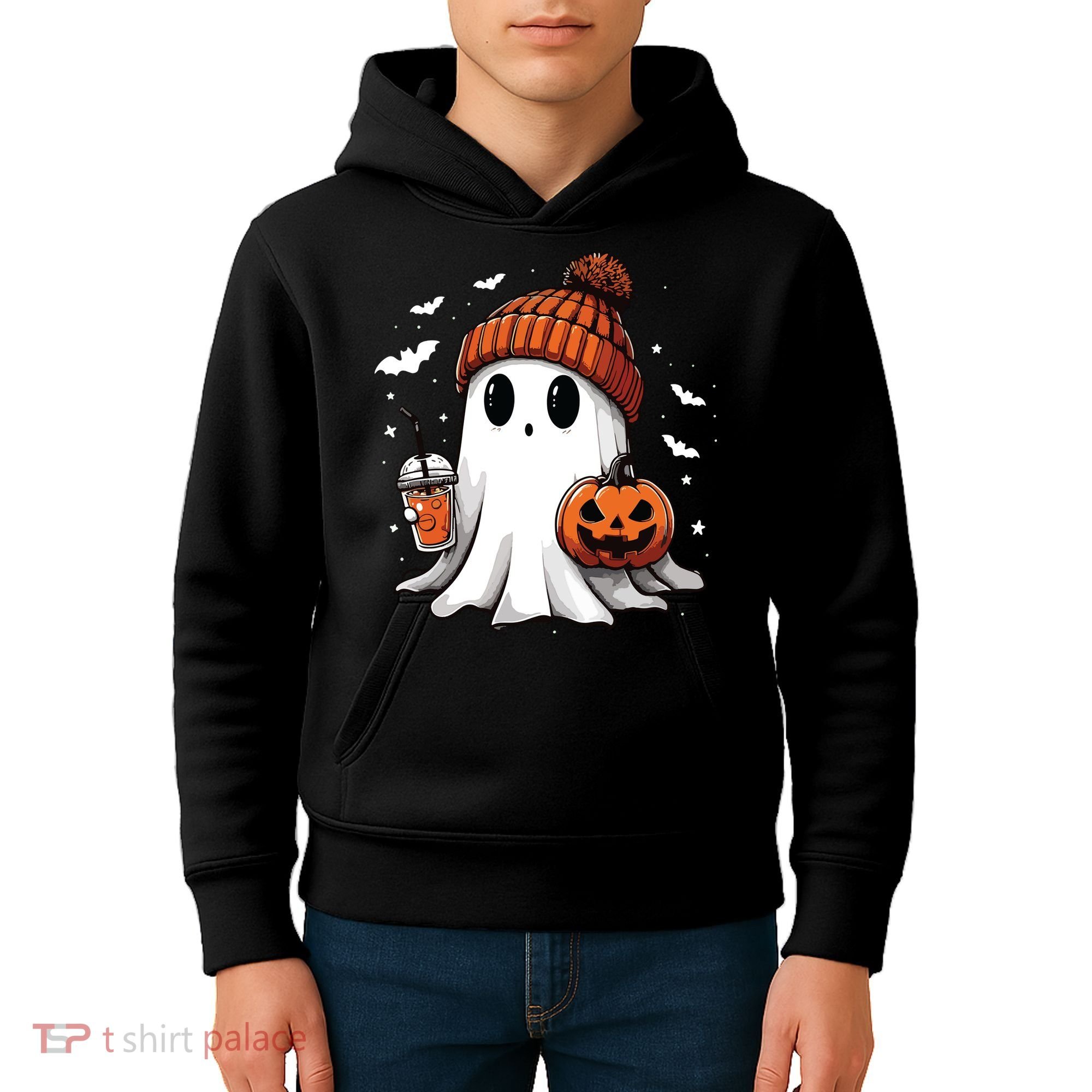 Cute Ghost Drinking Coffee Halloween Ghost Ice Coffee Women Long Sleeve Kids Hoodie