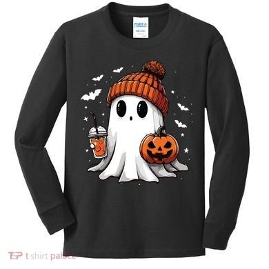 Cute Ghost Drinking Coffee Halloween Ghost Ice Coffee Women Long Sleeve Kids Long Sleeve Shirt
