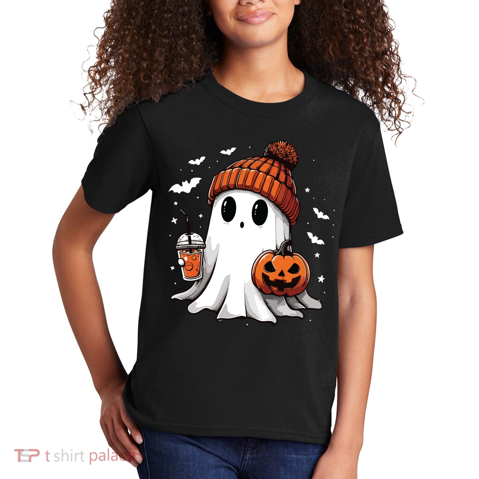 Cute Ghost Drinking Coffee Halloween Ghost Ice Coffee Women Long Sleeve Kids T-Shirt