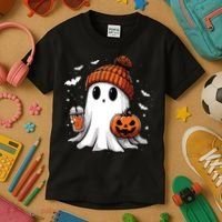 Cute Ghost Drinking Coffee Halloween Ghost Ice Coffee Women Long Sleeve Kids T-Shirt thumb 3