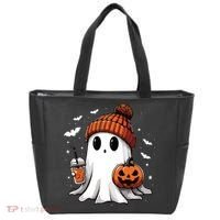 Cute Ghost Drinking Coffee Halloween Ghost Ice Coffee Women Long Sleeve Tote Bag thumb 0