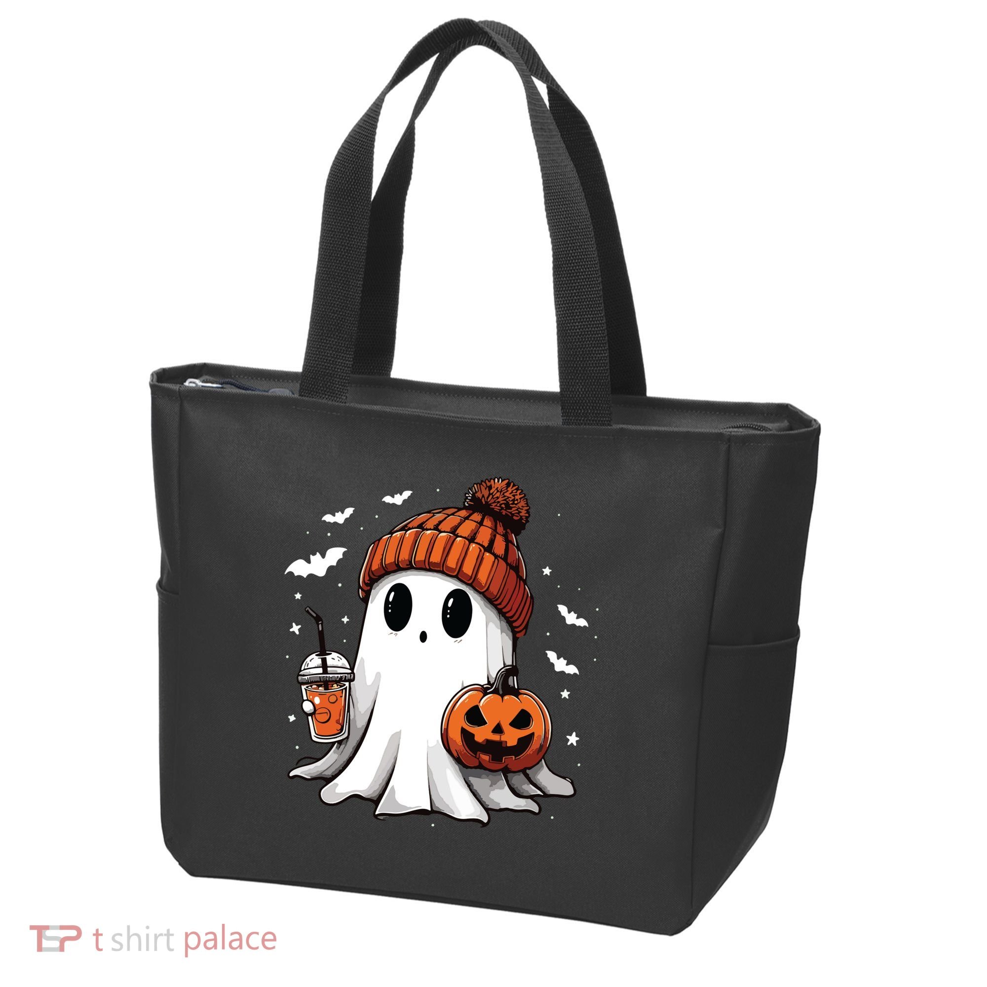Cute Ghost Drinking Coffee Halloween Ghost Ice Coffee Women Long Sleeve Tote Bag
