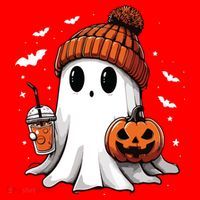 Cute Ghost Drinking Coffee Halloween Ghost Ice Coffee Women Long Sleeve Santa Hat thumb 1