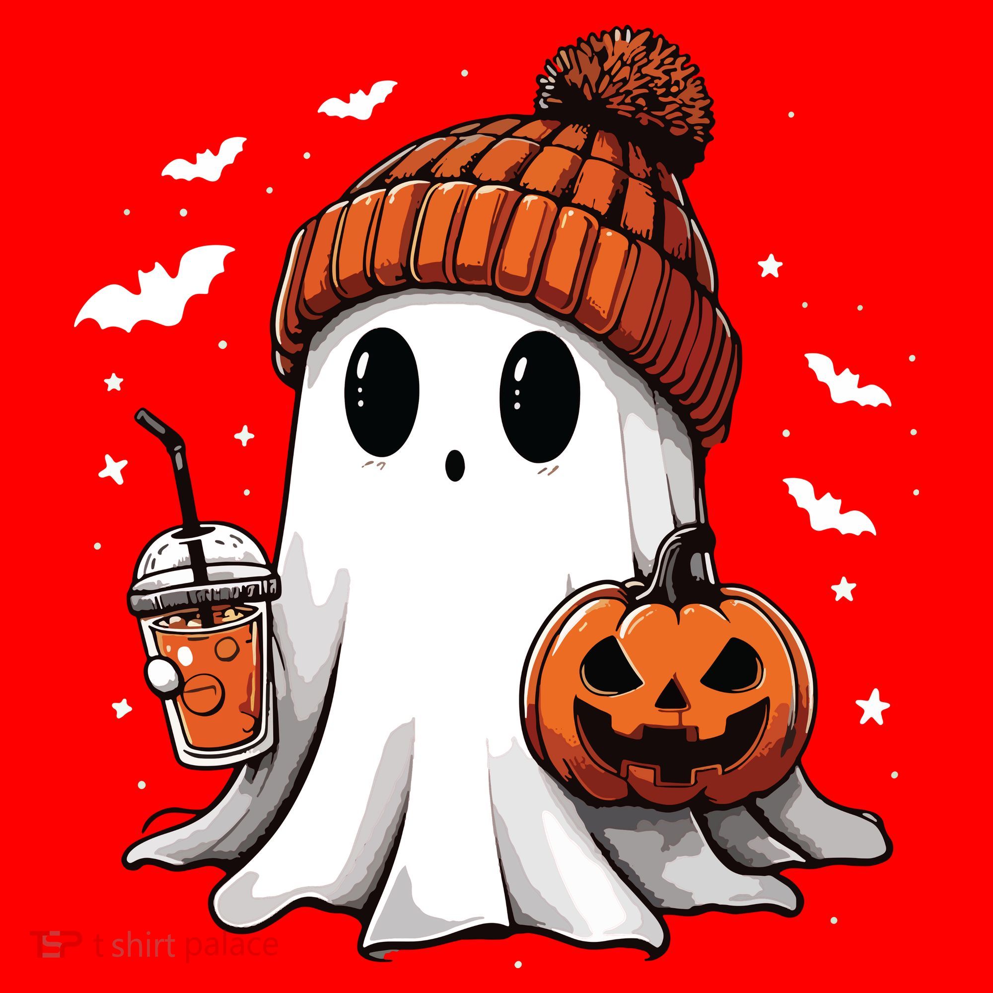 Cute Ghost Drinking Coffee Halloween Ghost Ice Coffee Women Long Sleeve Santa Hat