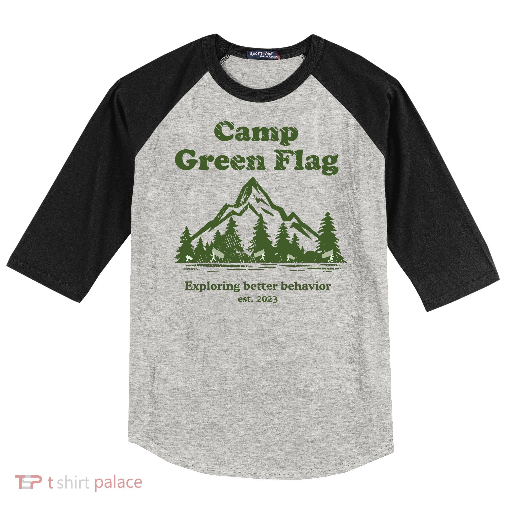 Camp Green Flag Exploring Better Behavior Est 2023 Raglan Baseball Sleeve Shirt