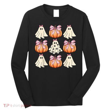 Cute Ghost Florals Coquette Bows Pumpkins Halloween Long Sleeve Shirt