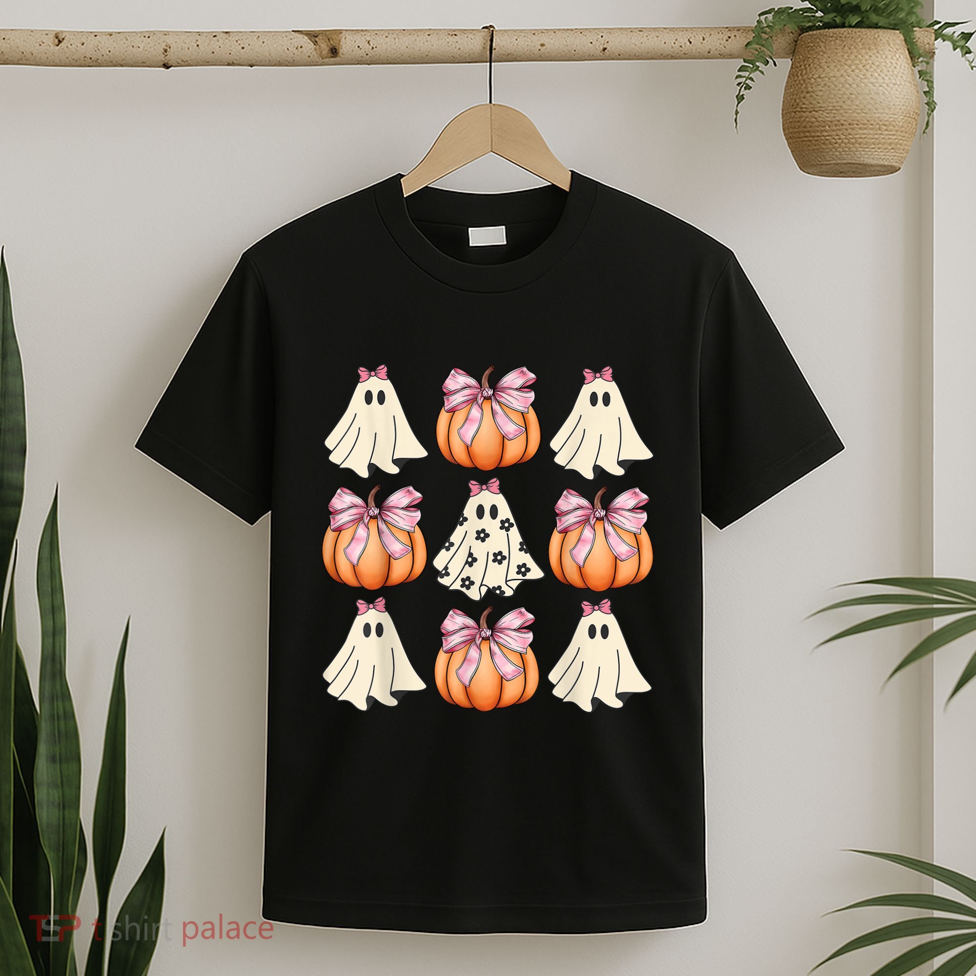 Cute Ghost Florals Coquette Bows Pumpkins Halloween T-Shirt