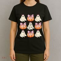 Cute Ghost Florals Coquette Bows Pumpkins Halloween T-Shirt thumb 4