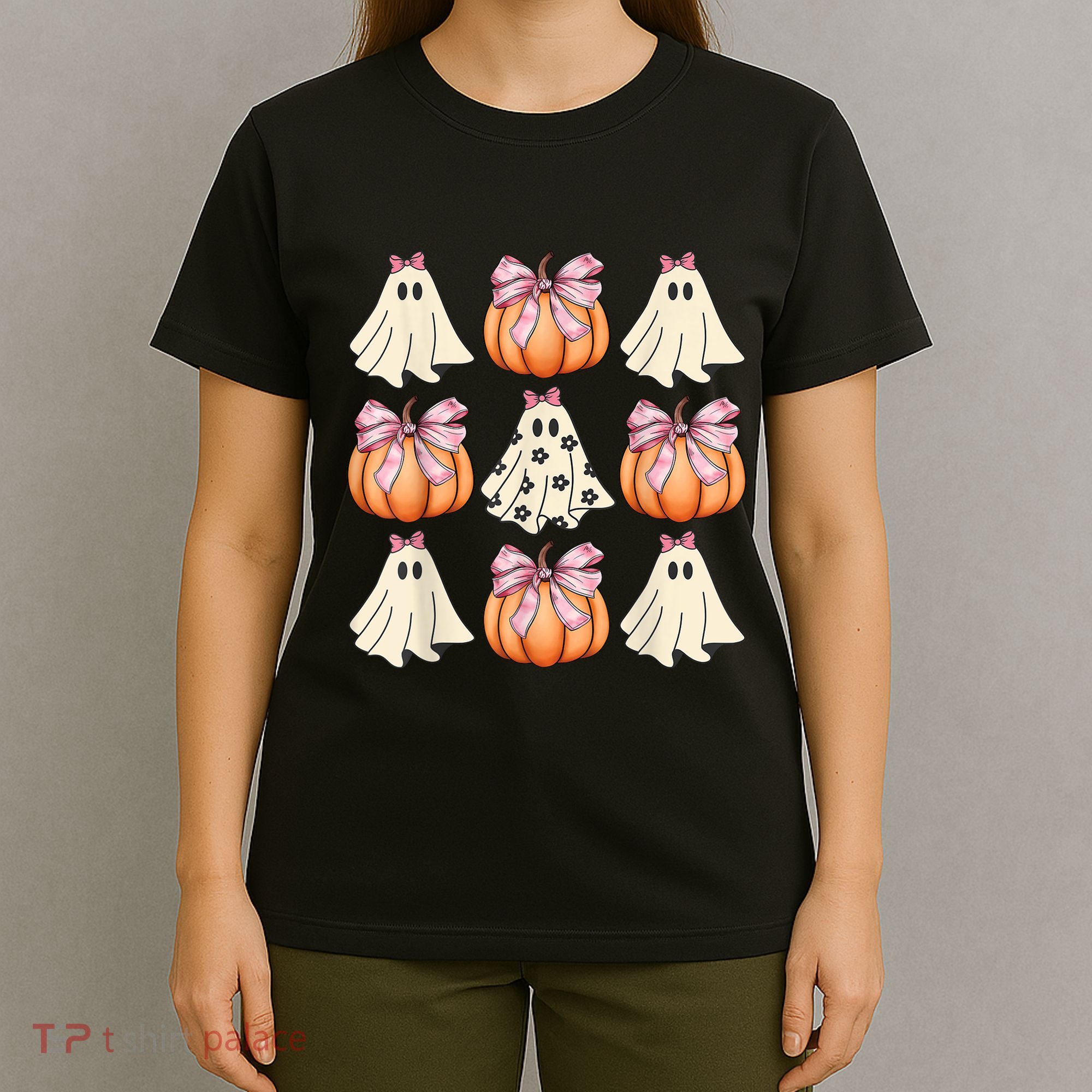Cute Ghost Florals Coquette Bows Pumpkins Halloween T-Shirt