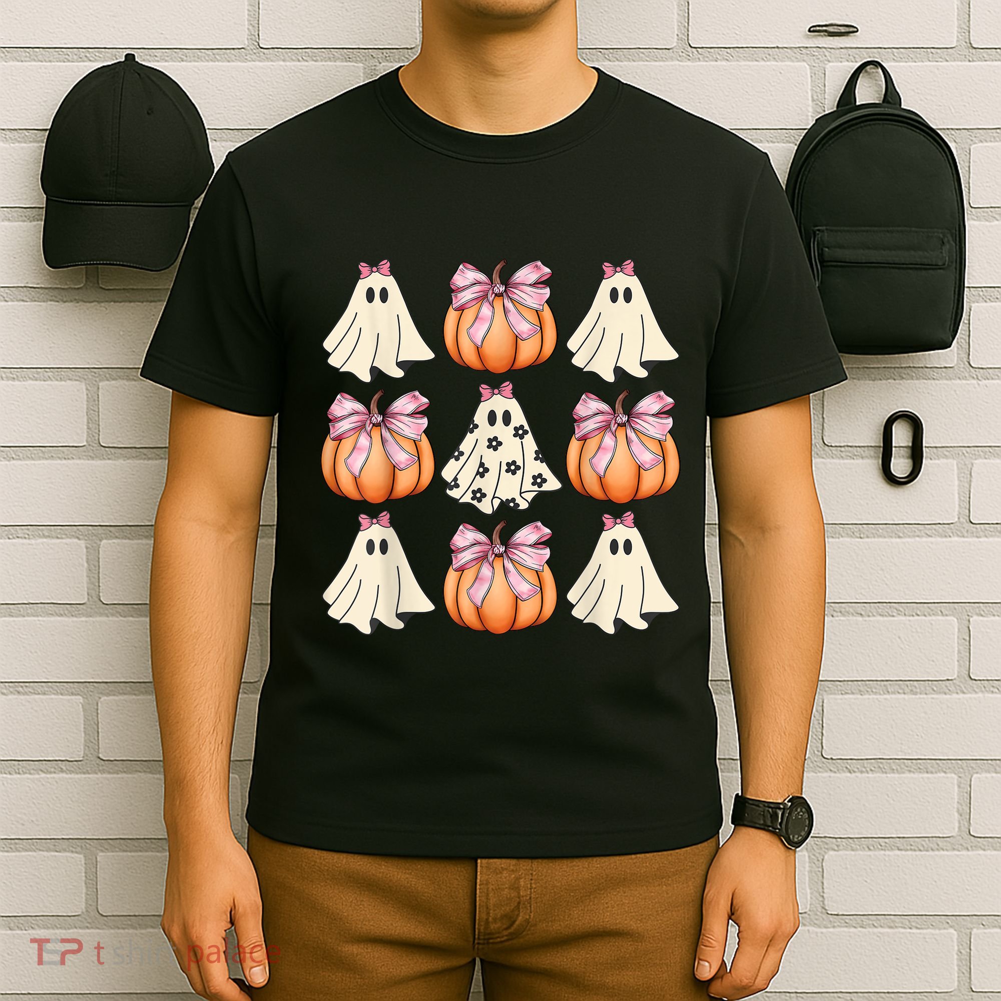 Cute Ghost Florals Coquette Bows Pumpkins Halloween T-Shirt