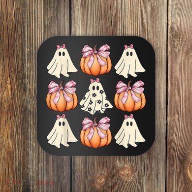 Cute Ghost Florals Coquette Bows Pumpkins Halloween Coaster