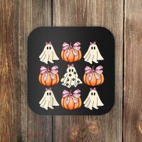 Cute Ghost Florals Coquette Bows Pumpkins Halloween Coaster thumb 0