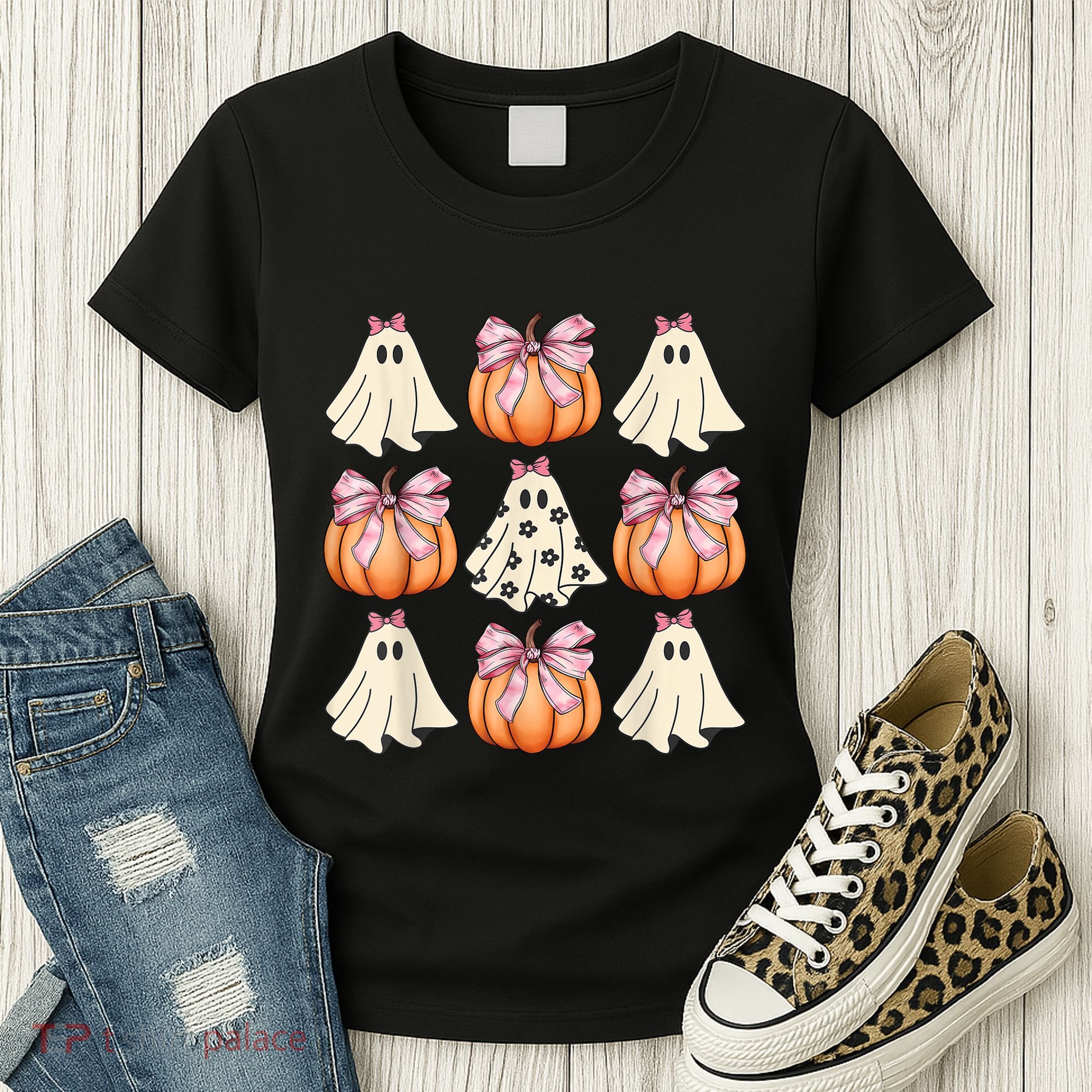 Cute Ghost Florals Coquette Bows Pumpkins Halloween Women's T-Shirt