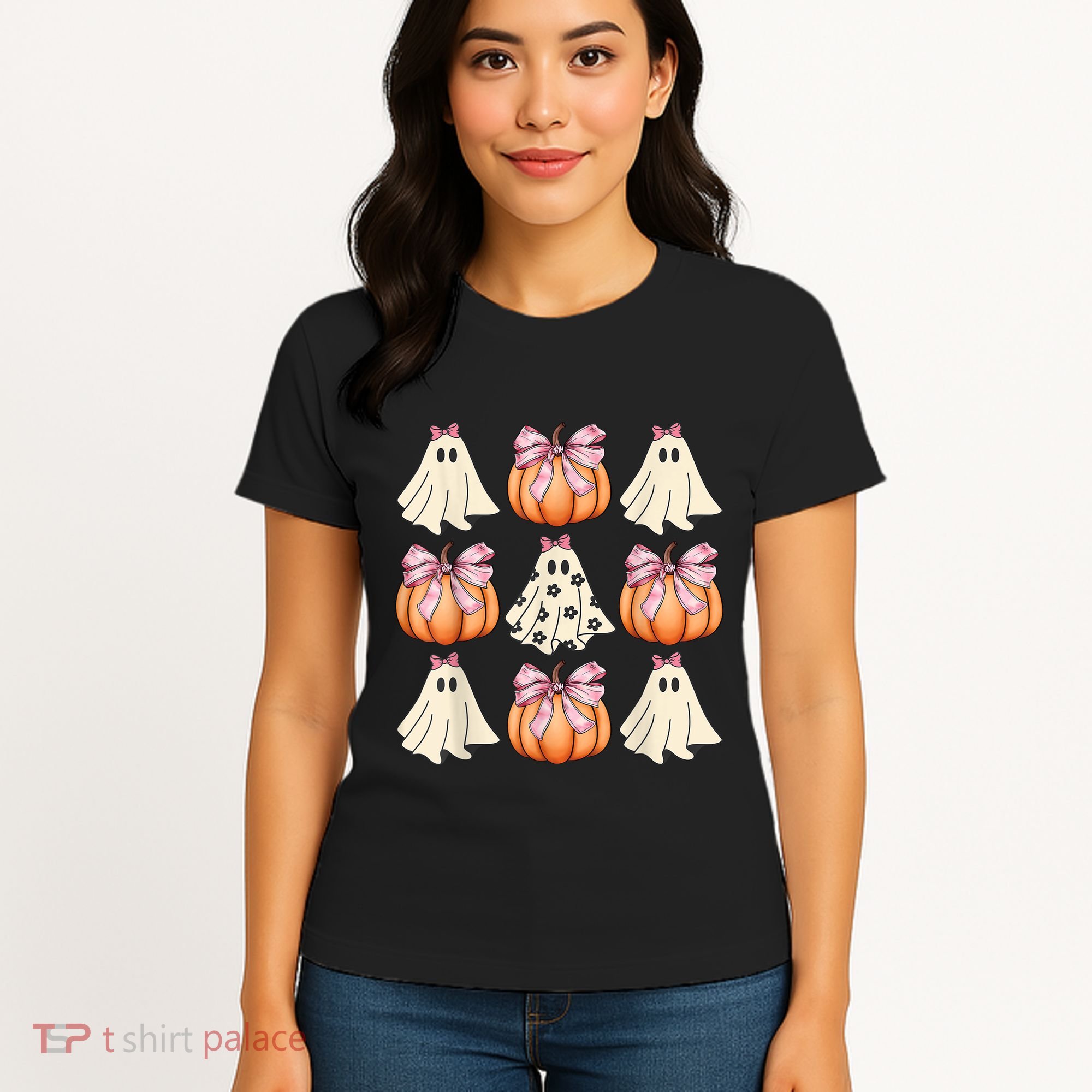 Cute Ghost Florals Coquette Bows Pumpkins Halloween Women's T-Shirt