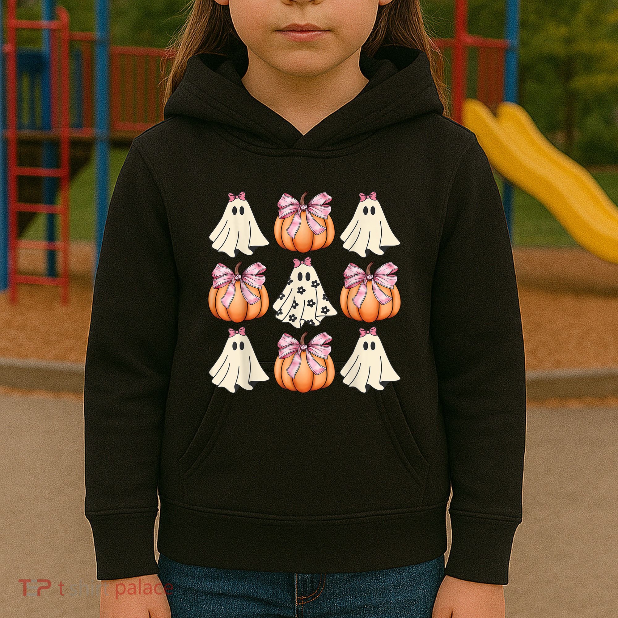 Cute Ghost Florals Coquette Bows Pumpkins Halloween Kids Hoodie
