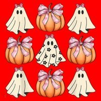 Cute Ghost Florals Coquette Bows Pumpkins Halloween Santa Hat thumb 1