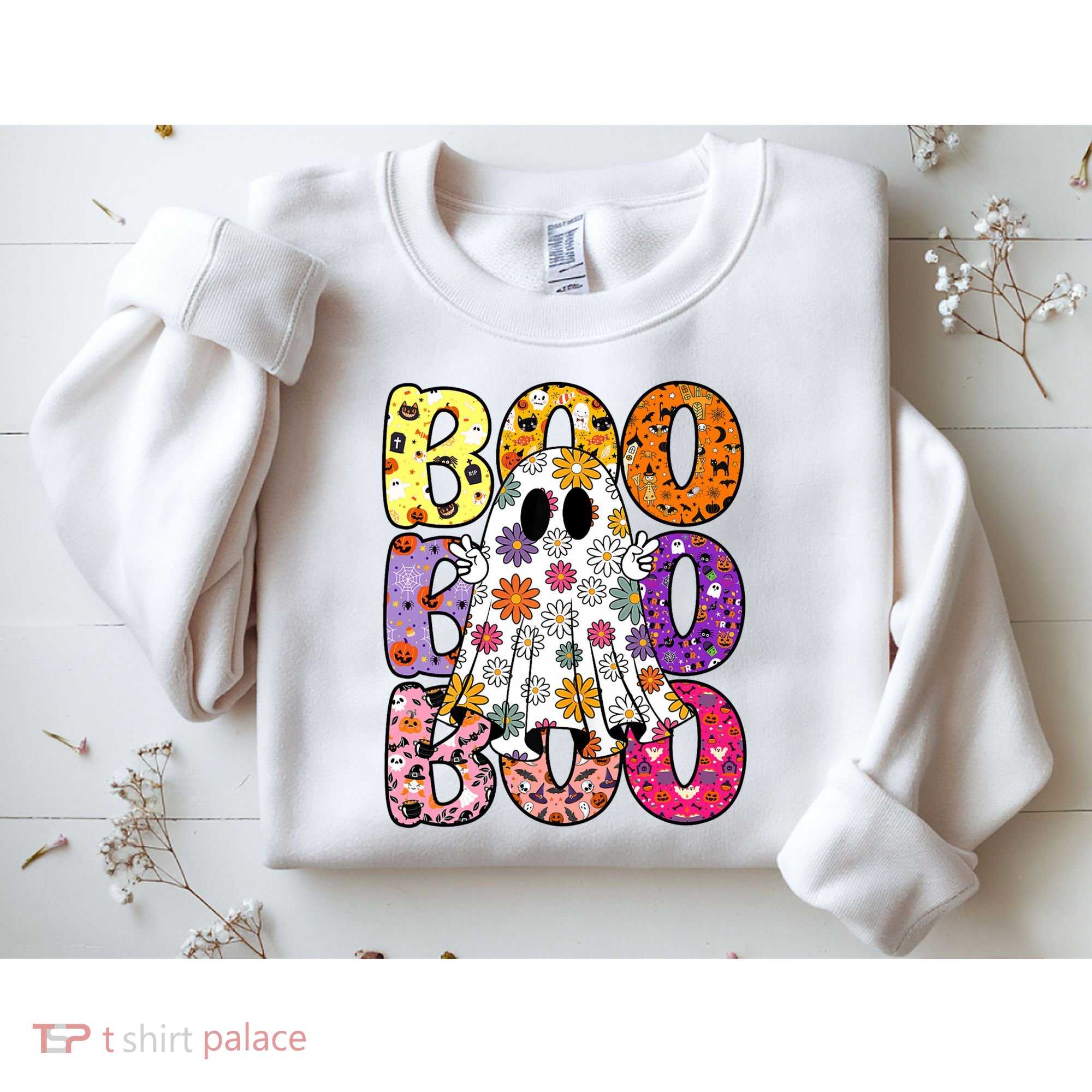Cute Ghost Floral Boo Halloween Boy Girl Ghost Spooky Season Sweatshirt