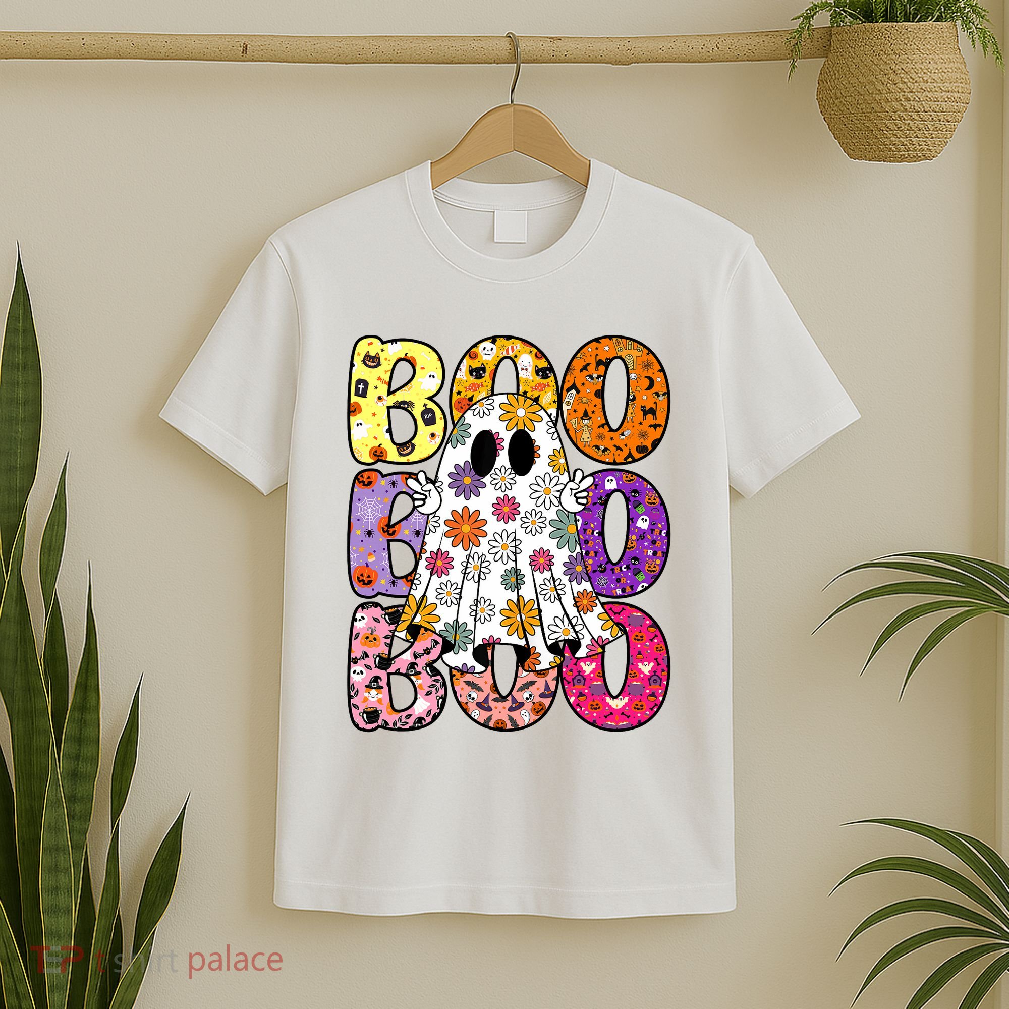 Cute Ghost Floral Boo Halloween Boy Girl Ghost Spooky Season T-Shirt