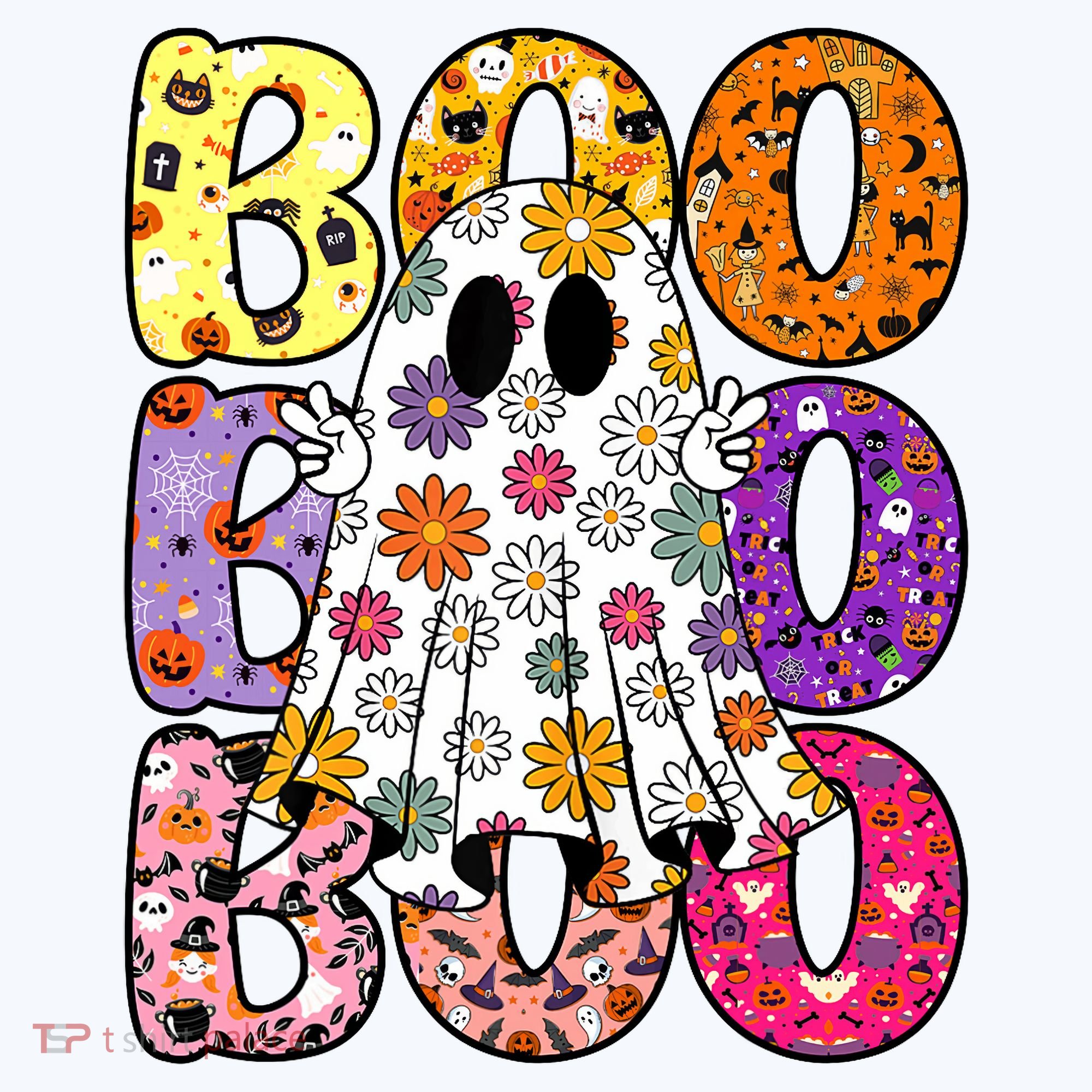 Cute Ghost Floral Boo Halloween Boy Girl Ghost Spooky Season T-Shirt