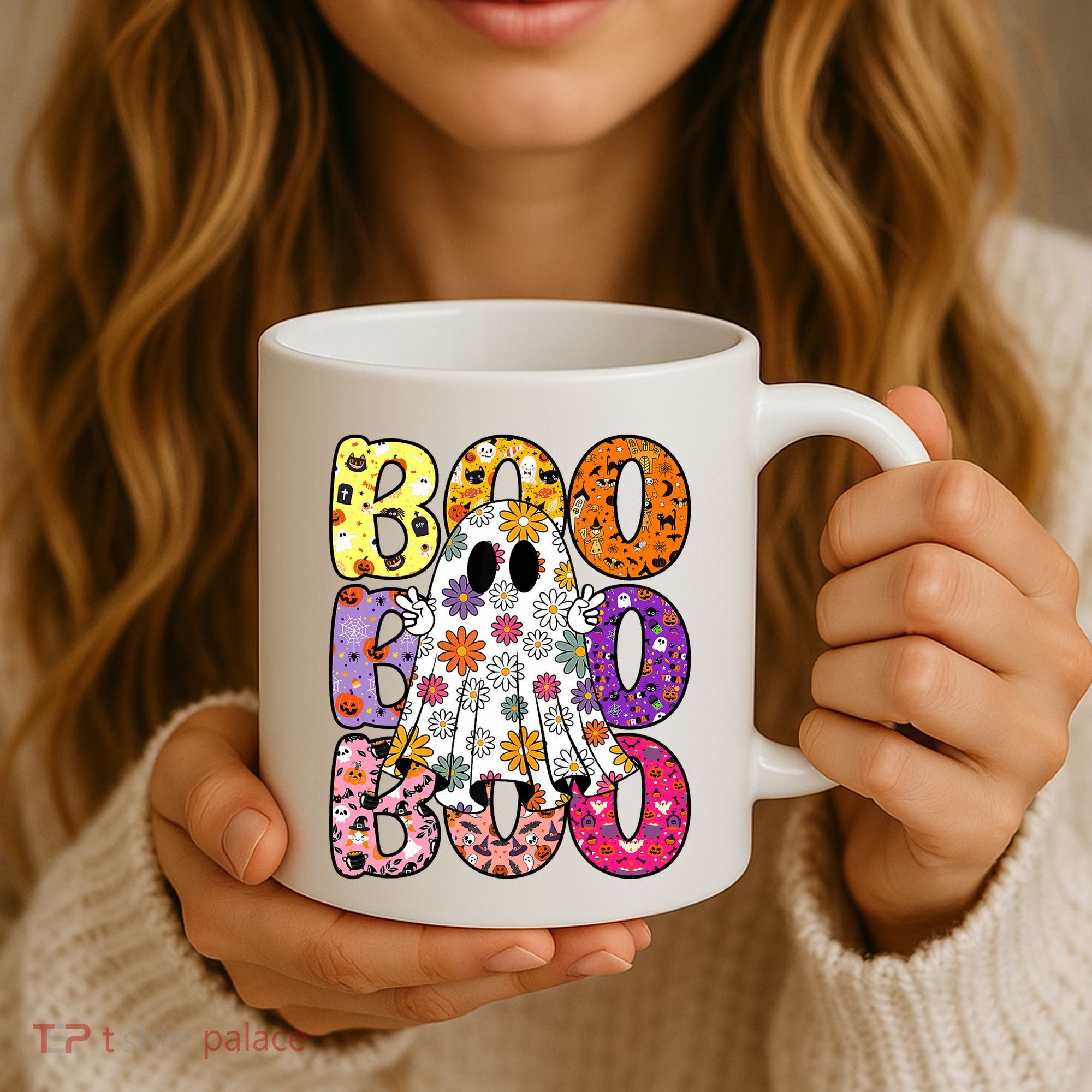 Cute Ghost Floral Boo Halloween Boy Girl Ghost Spooky Season Coffee Mug